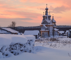 Rosja, Kimzha, Cerkiew, Zima, Śnieg, Domy