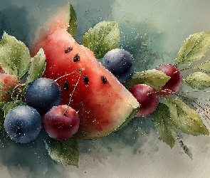 Grafika AI, Liście, Arbuz, Owoce, Wiśnie, Borówki