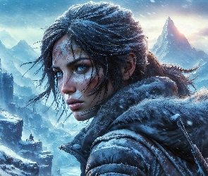 Góry, Zima, Kurtka, Grafika AI, Misja, Lara Croft, Kaptur
