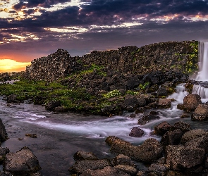 Islandia, Chmury, Skały, Góry, Wodospad Oxararfoss, Rzeka Oxara