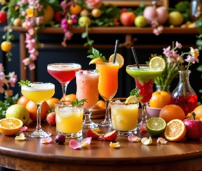 Kieliszki, Stół, Owoce, Szklanki, Drinki