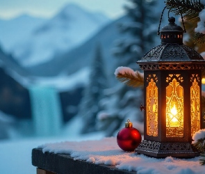 Choinka, Bombki, Śnieg, AI, Świeca, Boże Narodzenie, Lampion