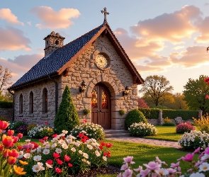 Ogród, Drzewa, Tulipany, Kwiaty, Kościół