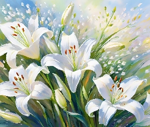 Grafika, Kwiaty, Białe, Lilie