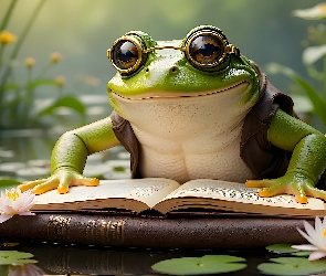Okulary, Grafika, Lilie wodne, Książki, Żaba