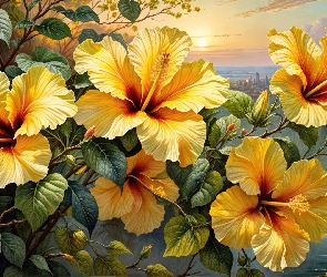 Grafika, Liście, Kwiaty, Hibiskusy