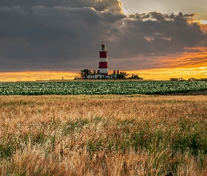Norfolk, Chmury, Happisburgh Lighthouse, Anglia, Niebo, Latarnia morska, Pole