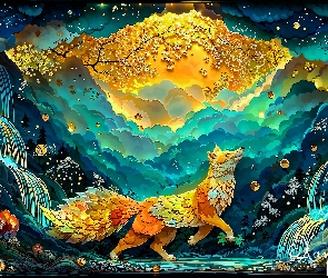 Gałęzie, Grafika AI, Chmury, Wodospady, Lis