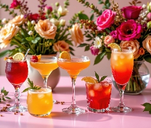 Kieliszki, Bukiety, Drinki, Kwiaty, Gałązki, Szklanki, Listki, Wazony