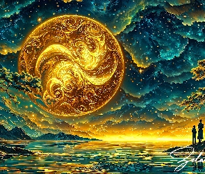 Ludzie, Księżyc, Góry, Grafika AI, Drzewa, Grafika, Jezioro