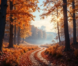 Las, Grafika AI, Droga, Drzewa, Jesień