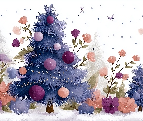 Bombki, Boże Narodzenie, Grafika AI, Kwiaty, Choinka