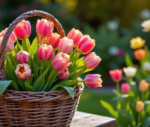Koszyk, Wiklinowy, Różowe, Tulipany
