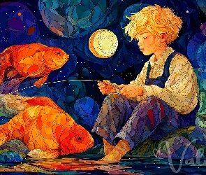 Wędka, Grafika AI, Woda, Ryby, Chłopiec