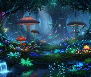 Drzewa, Fantasy, Kwiaty, Grzyby, Las
