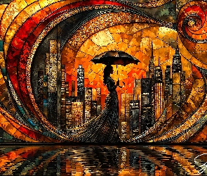 Mozaika, Wieżowce, Parasol, Kobieta, Grafika AI