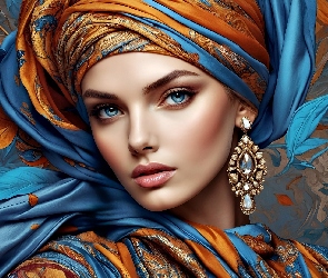 Turban, Grafika, Kolczyk, Materiał, Kobieta
