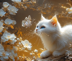 Grafika, Motyl, Biały, Kot, Puszysty, Kwiaty