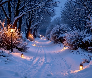 AI, Krzewy, Drzewa, Las, Droga, Zaśnieżona, Latarnie, Lampiony, Zima, Ośnieżone