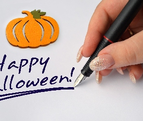Halloween, Życzenia, Pióro, Happy Halloween, Napis, Ręka, Dynia