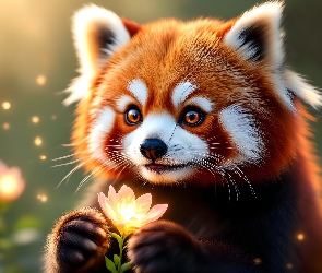Grafika AI, Kwiat, Pandka ruda, Świecący