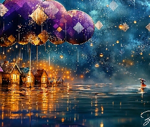 Oświetlone, Domy, Kobieta, Deszcz, Parasol, Grafika AI, Postać