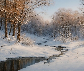 Las, Śnieg, Strumień, Drzewa, Zima