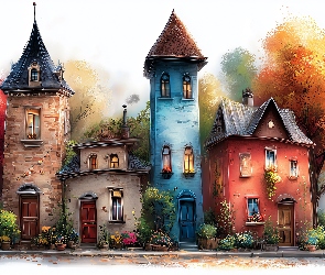 Domy, Grafika AI, Drzewa, Kwiaty, Kolorowe