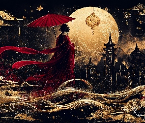 Noc, Domy, Dziewczyna, Parasolka