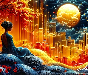 Wieżowce, Grafika, Drzewa, Księżyc, Kobieta