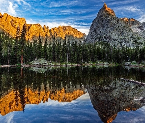 Odbicie, Mirror Lake, Jezioro, Drzewa, Lone Eagle Peak, Szczyt, Indian Peaks Wilderness, Stan Kolorado, Góry, Stany Zjednoczone
