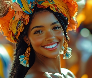 Kolczyki, Kolorowy, Ciemnoskóra, AI, Turban, Kobieta, Uśmiechnięta