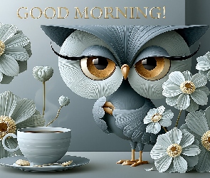 Grafika AI, Powitanie, Kawa, Sowa, Kwiaty, Napis