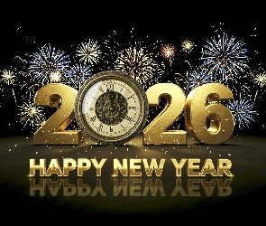 Fajerwerki, Zegar, Happy New Year, Sylwester, 2026, Napis, Nowy Rok