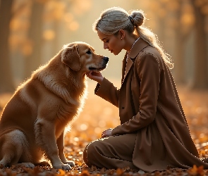 Jesień, Golden retriever, Blondynka, Kobieta, Płaszcz, Pies