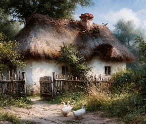 Chata, Drzewa, Wiejska, Płot, Wieś, Strzecha, Grafika AI, Gęsi