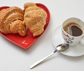Łyżeczka, Spodek, Croissanty, Serce, Filiżanka, Kawa, Rogale