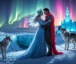 Zima, Zorza polarna, Korona, Fantasy, Wilki, Kobieta, Mężczyzna