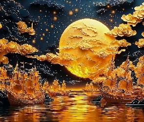 Morze, Kwiaty, Księżyc, Żaglowce, Grafika