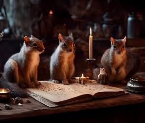 Wiewiórki, Stół, Książka, Świece, Trzy