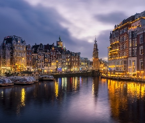 Domy, Nabrzeże, Amsterdam, Holandia, Kanał, Łodzie