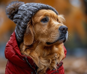 Czerwona, Golden retriever, Czapka, Kurtka, Pies