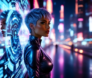 Świat, Futurystyczny, Miasto, Fantasy, Neony, Kobieta, Światła