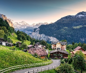 Szwajcaria, Domy, Wieś, Droga, Wengen, Drzewa, Góry, Alpy, Las