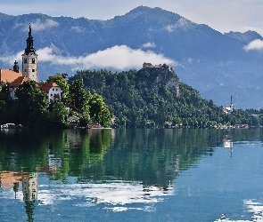 Słowenia, Chmury, Jezioro Bled, Kościół, Odbicie, Góry