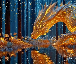 Noc, Las, Smok, Fantasy, Strumień, Złoty, Kwiaty