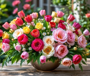 Tulipany, Bukiet, Kwiaty, Kolorowy, Stół, Róże, Ogród, Wazon