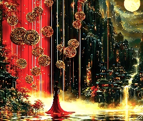 Drzewa, Księżyc, Kobieta, Fantasy, Skały, Świątynia