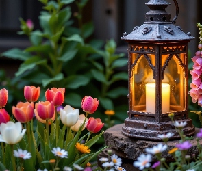 Lampion, Tulipany, Ogród, Kwiaty, Stokrotki, Kamień, AI, Naparstnica