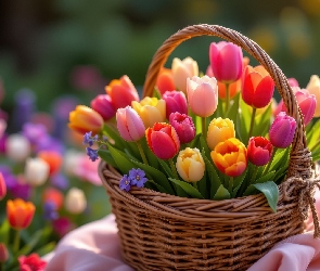 Tulipany, Wiklinowy, Koszyk, Kolorowe, Kwiaty